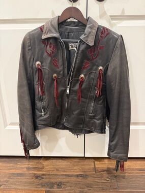 Leather Fringe Jacket with Burgundy Suede Rose Cut-Outs  - Women